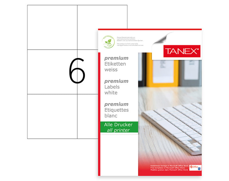 Etichete autoadezive Tanex, format 6/A4, dimensiune 105 x 99 mm, colțuri drepte, 100 coli/top