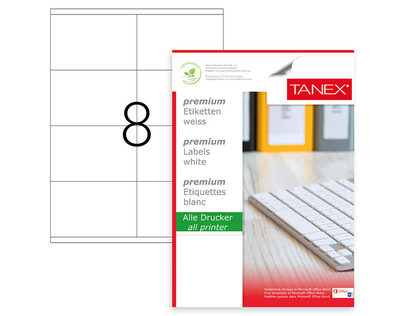 Etichete autoadezive Tanex, format 8/A4, dimensiune 105 x 70 mm, colțuri drepte, 100 coli/top