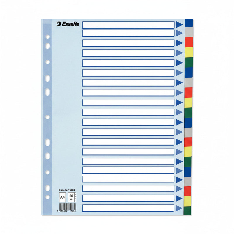 Separator index plastic 20 culori Esselte 225 x 297 mm