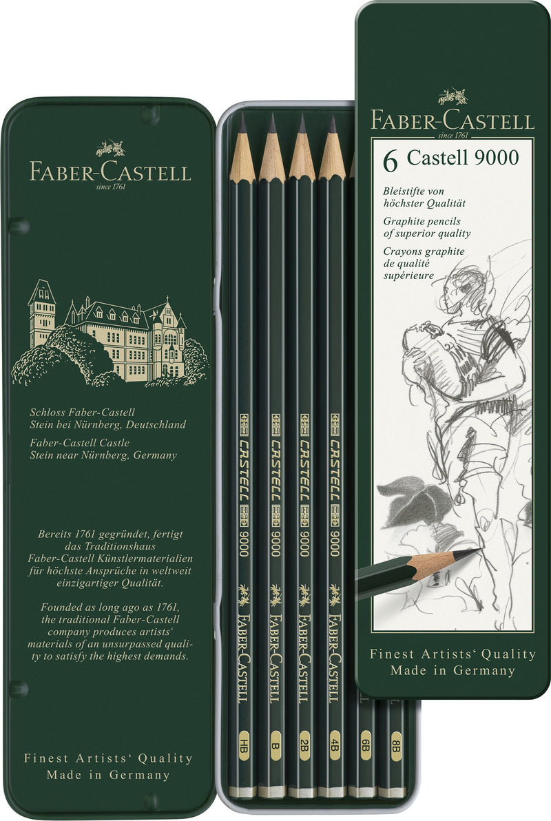 Set Creioane Grafit Castell 9000 6 Buc în Cutie Metalică Faber-Castell