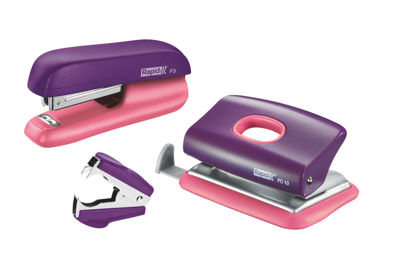 Set birou Rapid: Mini Capsator F5 + Perforator + Decapsator - Mov/Piersică