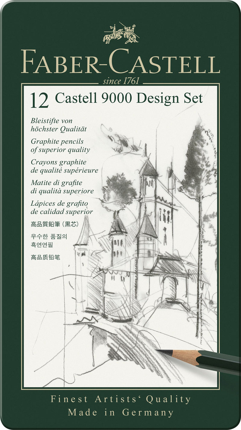 Set Design Creioane Grafit Castell 9000 12 Buc în Cutie Metalică Faber-Castell