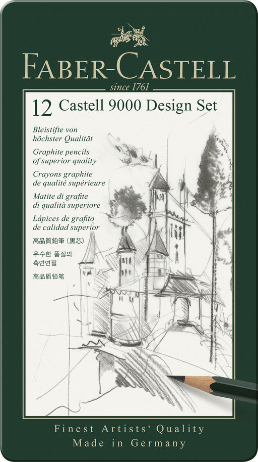 Set Design Creioane Grafit Castell 9000 12 Buc în Cutie Metalică Faber-Castell