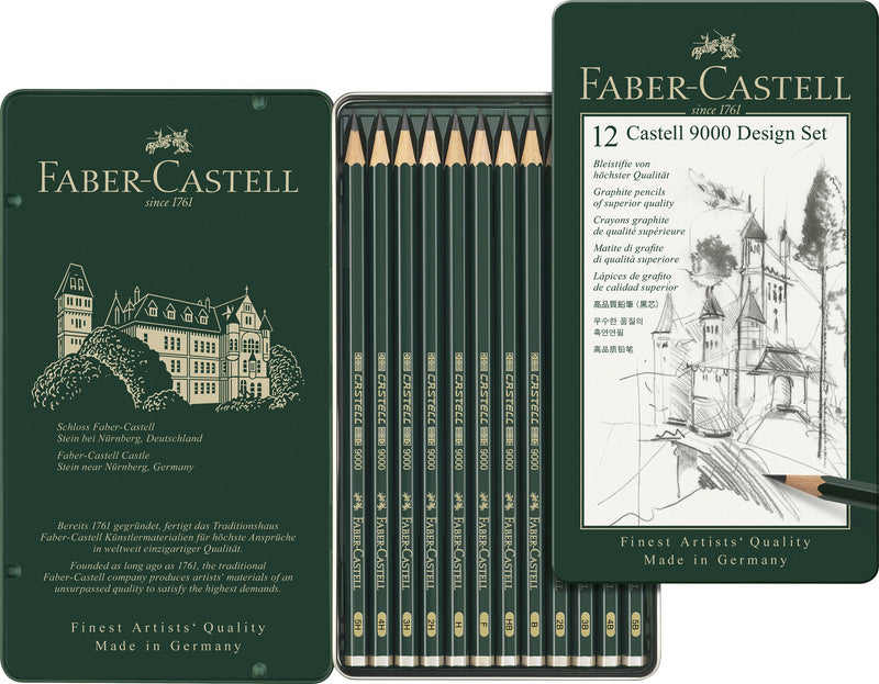 Set Design Creioane Grafit Castell 9000 12 Buc în Cutie Metalică Faber-Castell