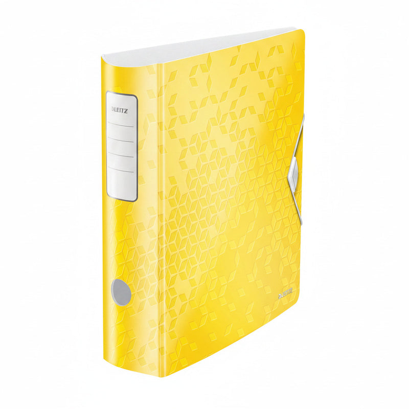 Biblioraft Plastifiat 8.2 cm 180° Galben Active WOW marca Leitz pentru organizarea și arhivarea documentelor