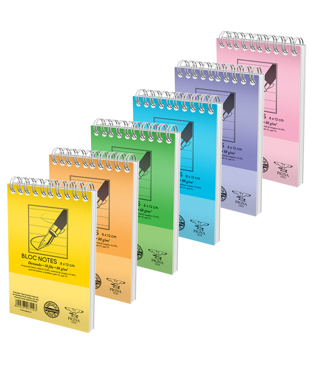 Bloc Notes Spiră Basic A7 Dictando 60g 50 File Pigna, copertă din carton monocrom și spiră metalică dublă