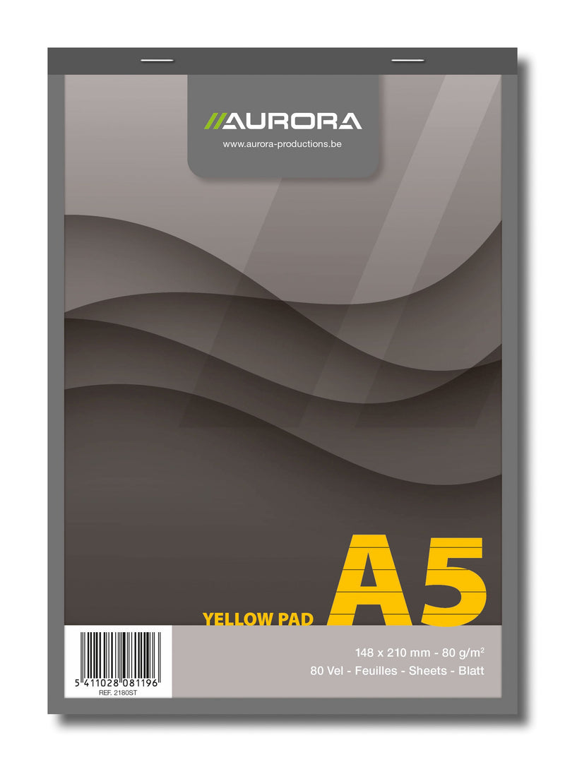Bloc Notes Capsat Office A5 Dictando Hârtie Galbenă 80g 80 File Aurora, copertă din carton gri și hârtie galbenă cu microperforații