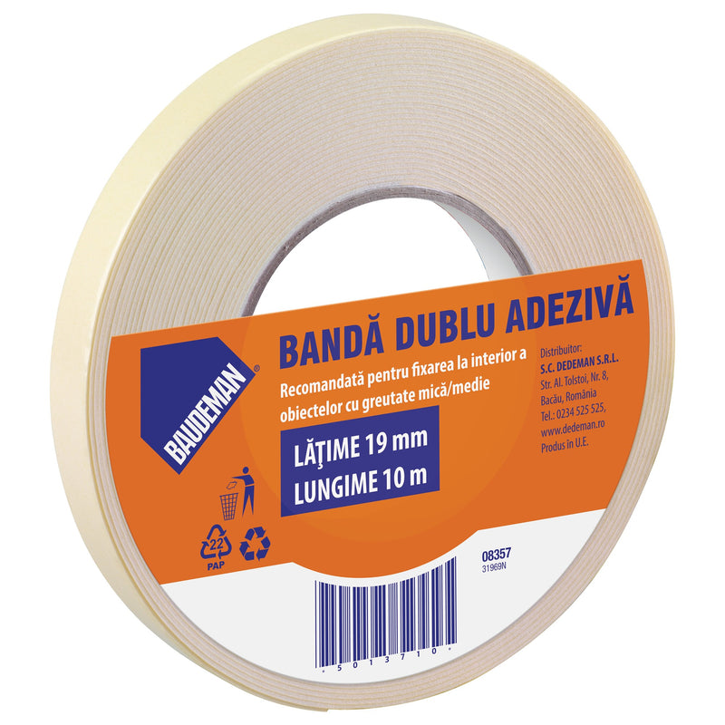 Banda dublu adeziva pentru fixare 10 m x 19 mm Baudeman - imagine produs