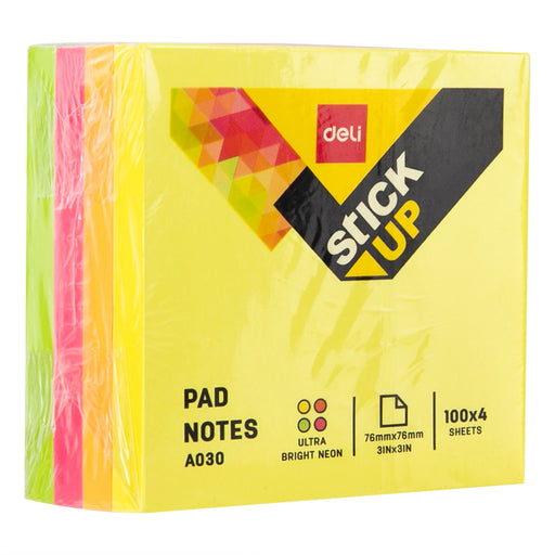 Cub notes adeziv Deli, 4 culori neon, 76 x 76 mm, 400 file