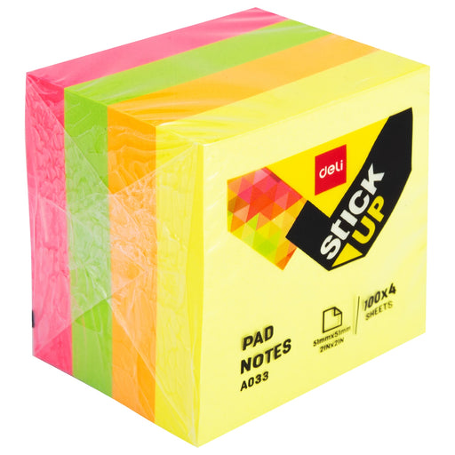 Cub notes adeziv Deli, 4 culori neon, 51 x 51 mm, 400 file