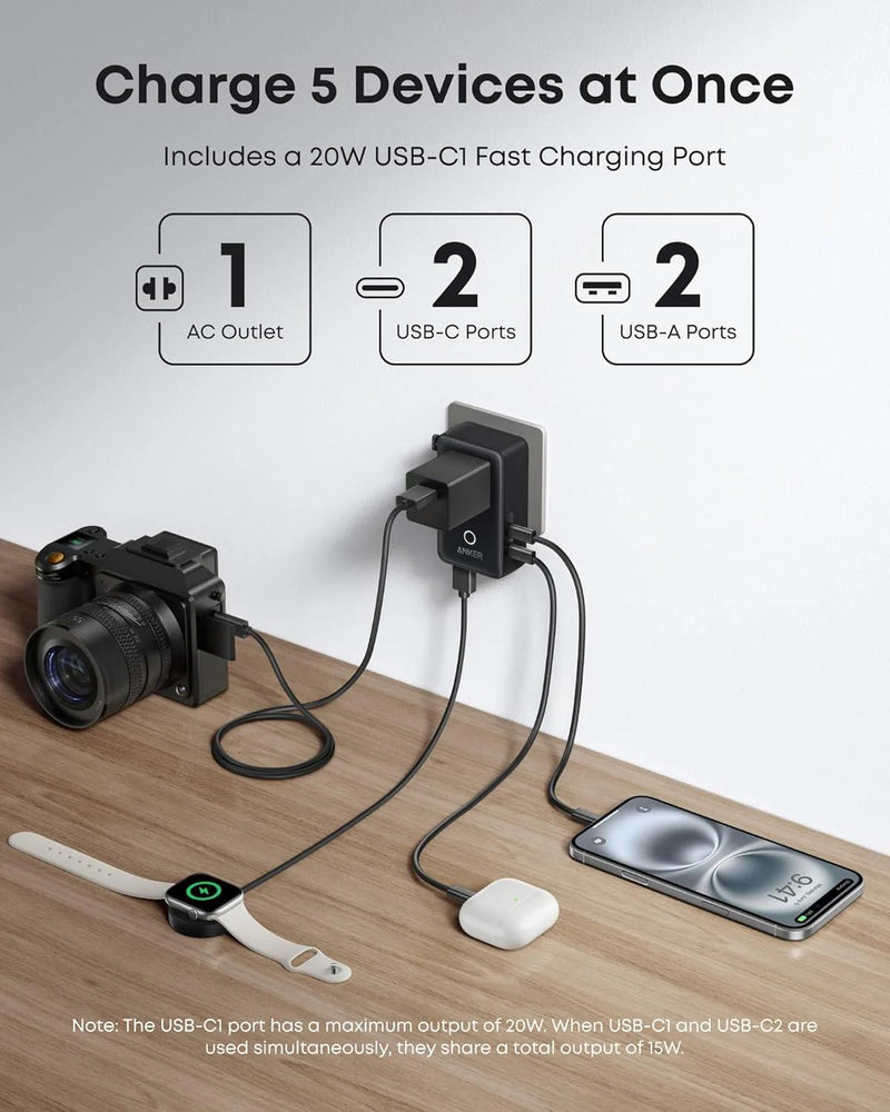 Adaptor Priza Universal Anker Nano Travel 5-in-1 20W 2x USB-C negru