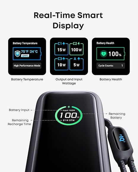 Baterie Externă 25000mAh 165W Cabluri USB-C Încorporate Gri - Anker