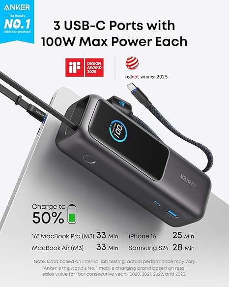 Baterie Externă 25000mAh 165W Cabluri USB-C Încorporate Gri - Anker