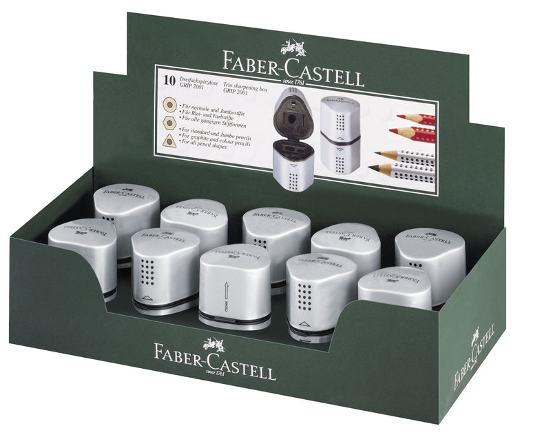Ascuțitoare Triplă Plastic Grip 2001 cu Container Gri Faber-Castell