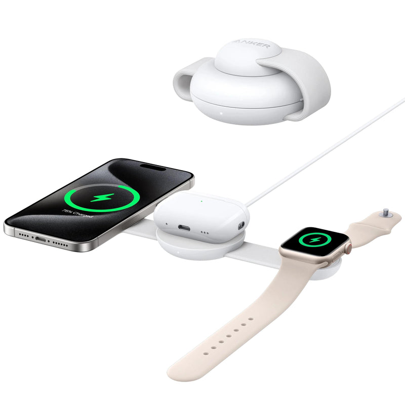 Incarcator Wireless Anker MagGo 3-in-1 Qi2 15W Pliabil pentru iPhone alb