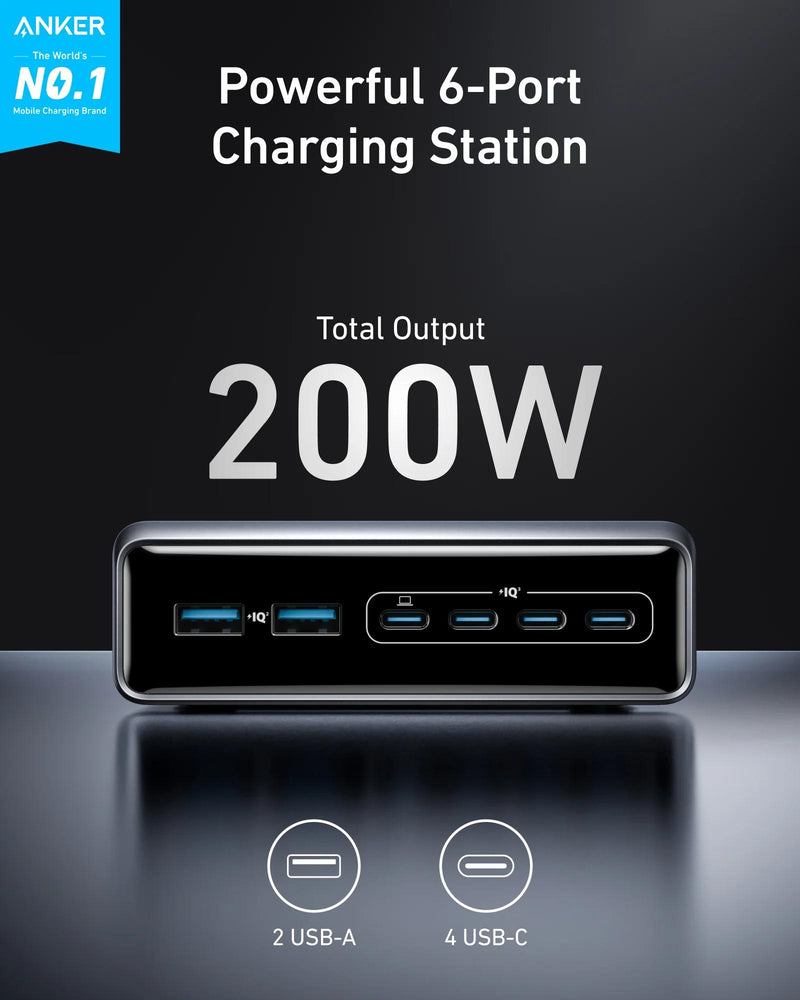 Stație de Încărcare Prime 200W 4x USB-C 2x USB-A GaN Negru - Anker