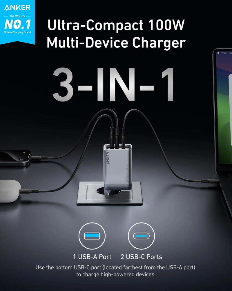 Încărcător Rețea Prime GaN 100W 2x USB-C 1x USB-A Gri - Anker