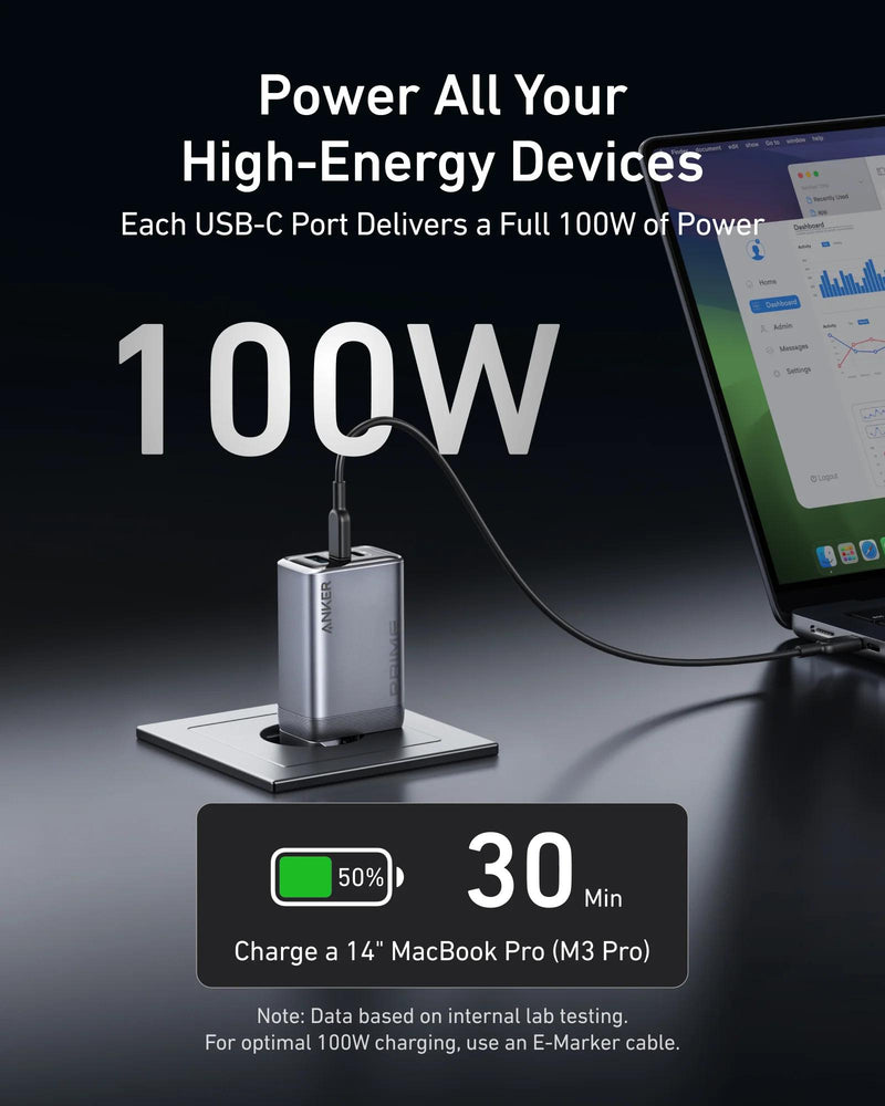 Încărcător Rețea Prime GaN 100W 2x USB-C 1x USB-A Gri - Anker