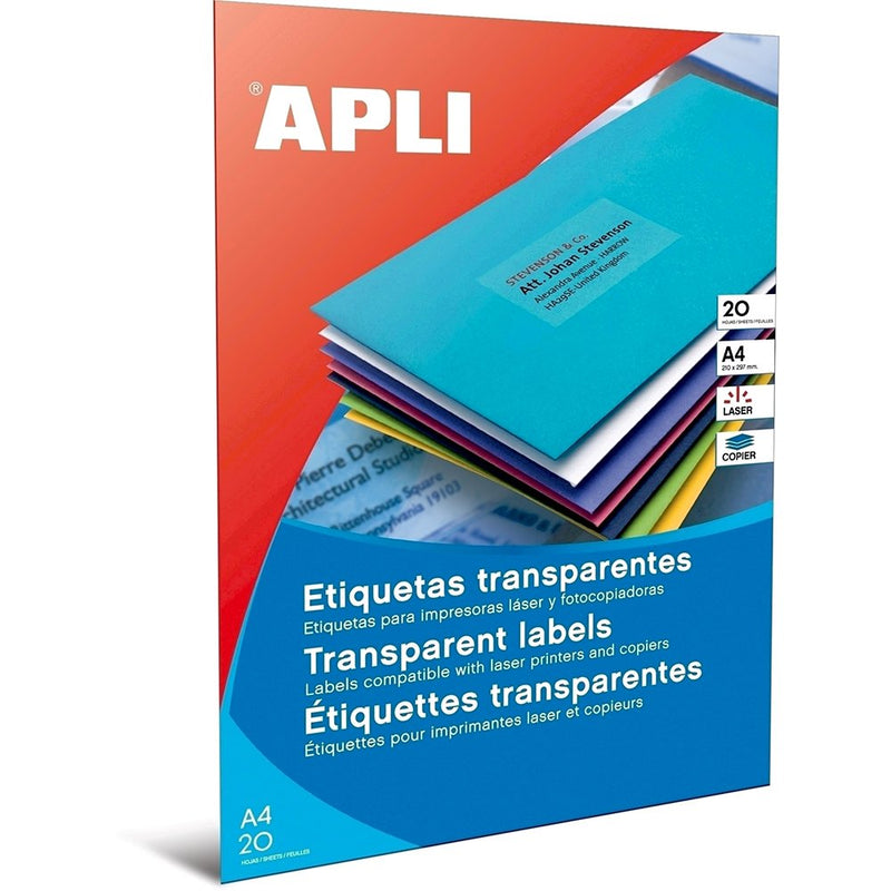 Etichete autoadezive transparente Apli, format A4, dimensiune 70 x 37 mm, 20 coli/set
