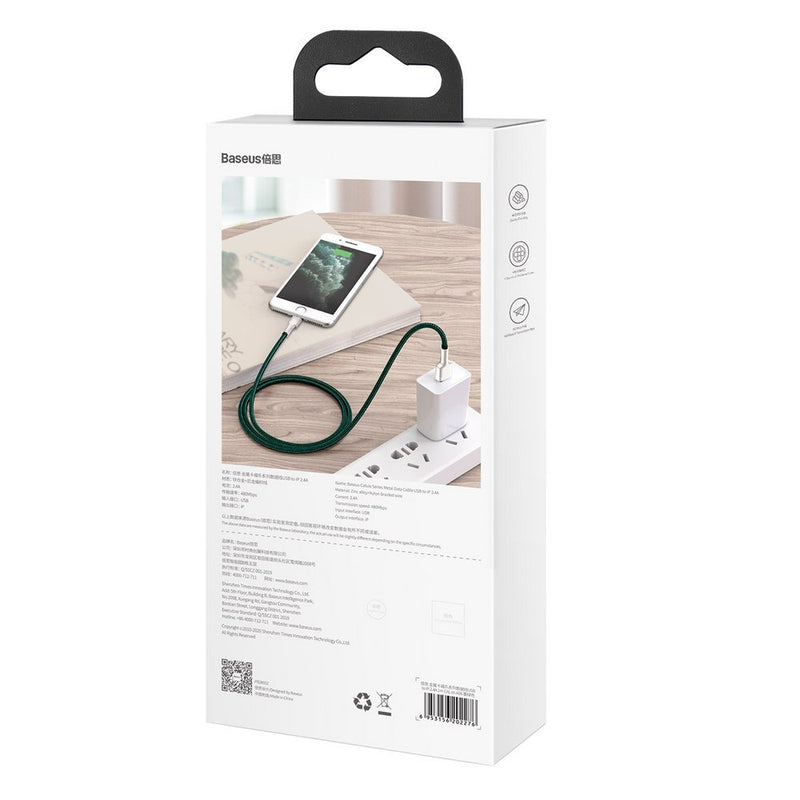 Cablu Cafule Metal USB la Lightning 1m 2.4A Verde - Baseus