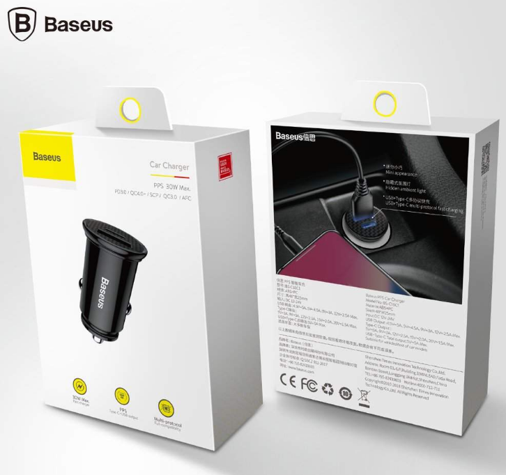 Încărcător Auto Circular Plastic PPS 30W USB USB-C Negru - Baseus