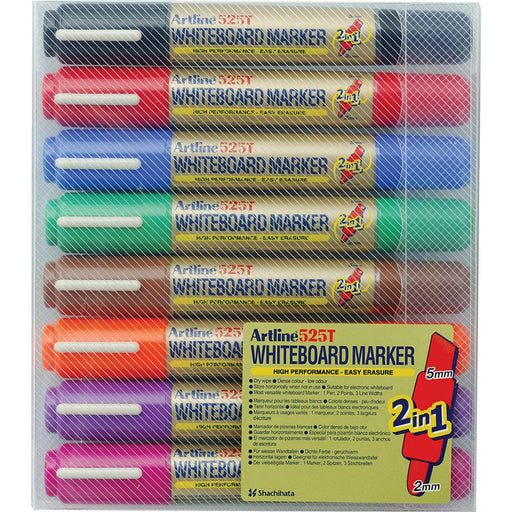 Set 8 Markere pentru Tablă 525T cu Două Capete Vârf Rotund 2 mm / Teșit 5 mm Artline