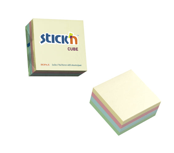 Cub notes adeziv Stick'n, 4 culori pastel, 76 x 76 mm, 400 file