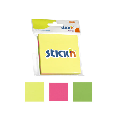 Notes adeziv Stick'n, 3 culori fosforescente, 76 x 76 mm, 3 x 50 file