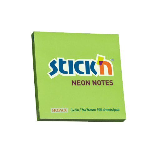 Notes adeziv Stick'n, verde neon, 76 x 76 mm, 100 file