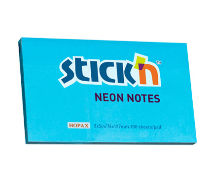 Notes adeziv Stick'n, albastru neon, 76 x 127 mm, 100 file