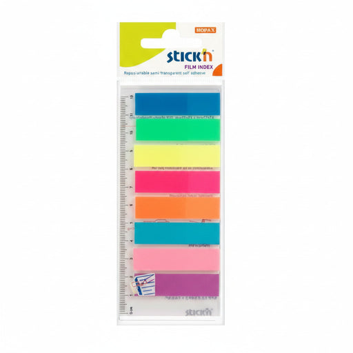 Stick Index Plastic Transparent 45x12 mm, 8x25 File/Set + Riglă, 8 Culori Neon - Stick'n