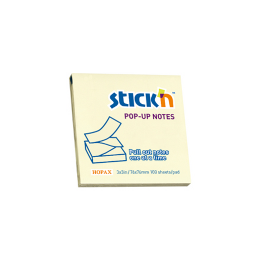 Notes adeziv Stick'n, Pop-Up cu dispenser galben pastel, 76 x 76 mm, 100 file