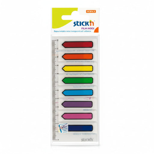 Stick Index Plastic Transparent 45x12 mm, 8x15 File/Set, Săgeată, 8 Culori Neon - Stick'n