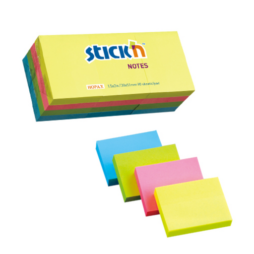Notes adeziv Stick'n, 4 culori fosforescente, 38 x 51 mm, 12 x 100 file