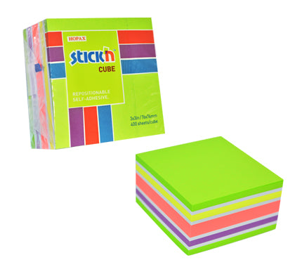 Cub notes adeziv Stick'n, 5 culori asortate alb/roz pastel/galben/verde/violet, 76 x 76 mm, 400 file