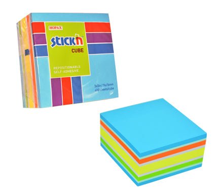 Cub notes adeziv Stick'n, 5 culori asortate alb/galben/oranj/verde/albastru, 76 x 76 mm, 400 file