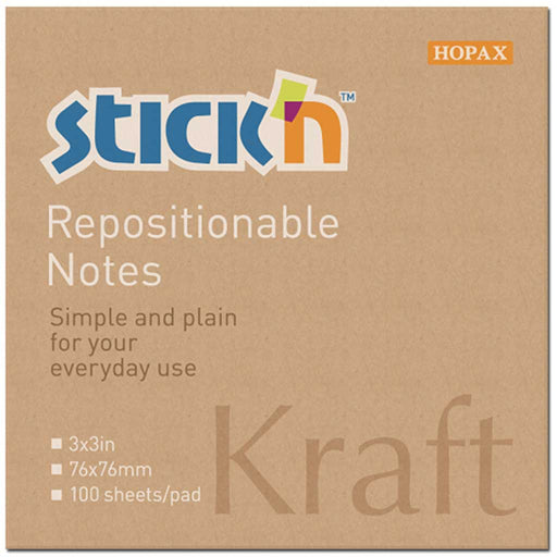 Notes adeziv Stick'n, kraft, 76 x 76 mm, 100 file