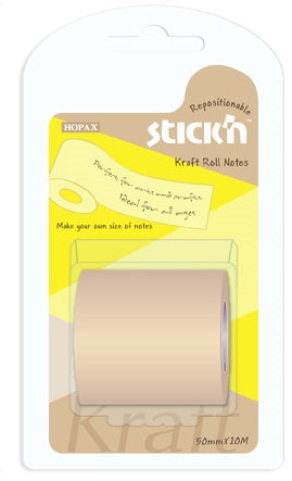 Notes adeziv Stick'n, în rolă cu dispenser kraft, 50 mm x 10 m
