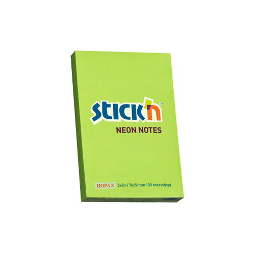 Notes adeziv Stick'n, verde neon, 76 x 51 mm, 100 file