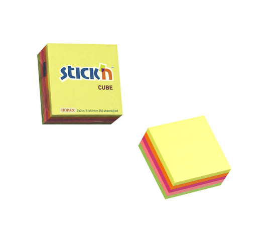 Cub notes adeziv Stick'n, 5 culori neon, 51 x 51 mm, 250 file