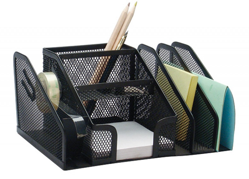 Organizer Metalic Mesh, de Birou, 6 Compartimente + Suport Bandă Adezivă, Q-connect - Negru, Q-Connect