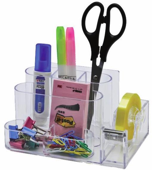 Suport Plastic pentru Accesorii de Birou, 7 Compartimente, 168 x 78mm, Kejea - Transparent, Kejea