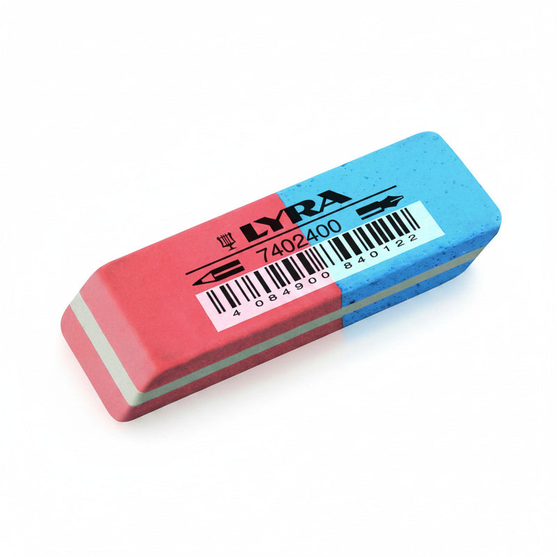 Radiera cauciuc LYRA India, 55x19x9mm, pentru creion/cerneala - rosu/albastru