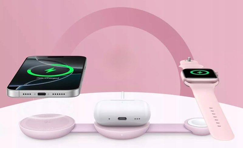 Încărcător Wireless MagGo 3-in-1 Qi2 15W Pliabil pentru iPhone AirPods Apple Watch Roz - Anker