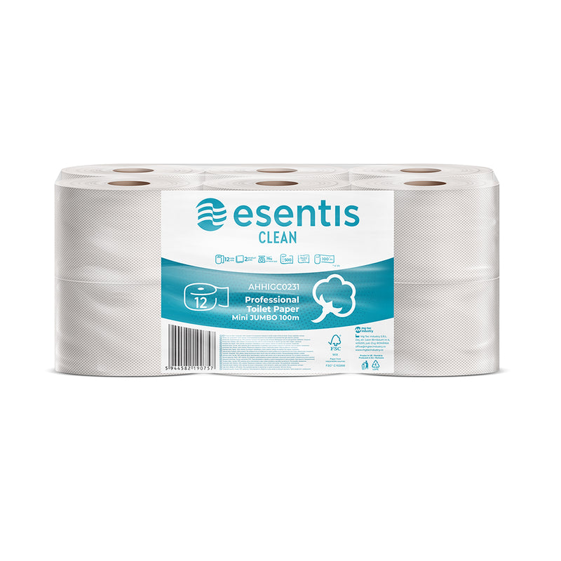 Hartie igienica Mini Jumbo Esentis 2 straturi - 12 role Clean, 100 m, 500 foi