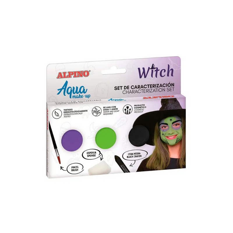 Set Aqua Make Up Witch 3 Culori cu Pensulă și Burete Alpino