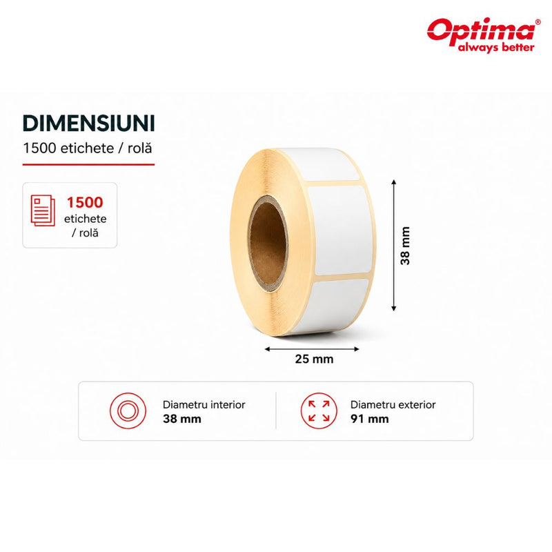 Etichete Termice Autoadezive Albe 38 x 25 mm 1500 Etichete/Rolă Optima