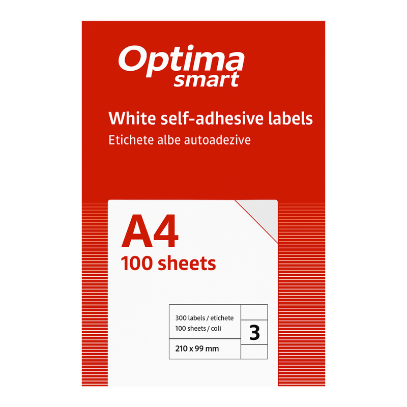Etichete albe autoadezive Optima Smart, format 3/A4, dimensiune 210 x 99 mm, 100 coli/top