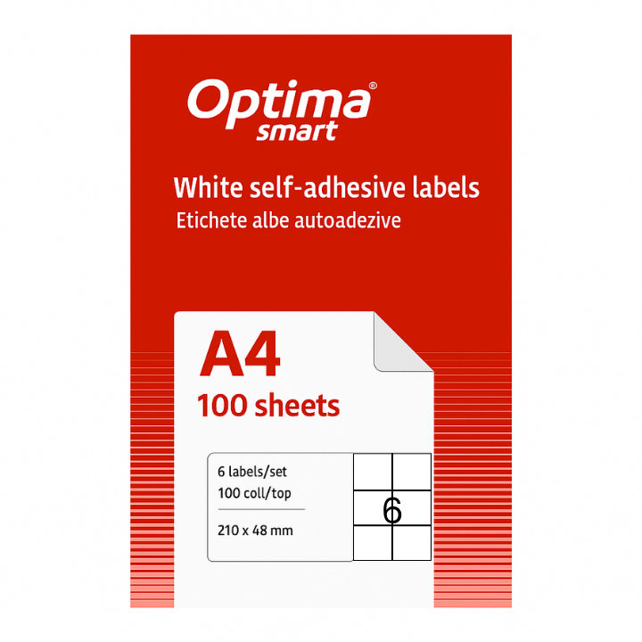 Etichete albe autoadezive Optima Smart, format 6/A4, dimensiune 210 x 48 mm, 100 coli/top