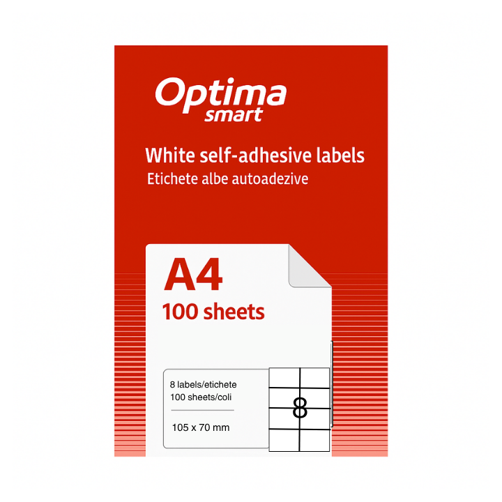 Etichete albe autoadezive Optima Smart, format 8/A4, dimensiune 105 x 70 mm, 100 coli/top